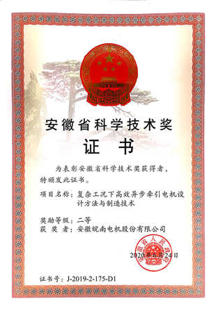 2019年安徽省科技进步二等奖:皖南电机:&ldquo;复杂工况下高效异步牵引电机设计方法与制造技术&rdquo;